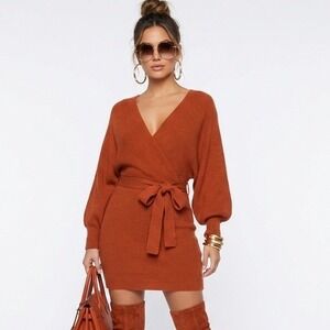 Lulus Ribbed Batwing Knit Wrap Sweater Dress‎ Rust Belted LG Bodycon Resortcore
